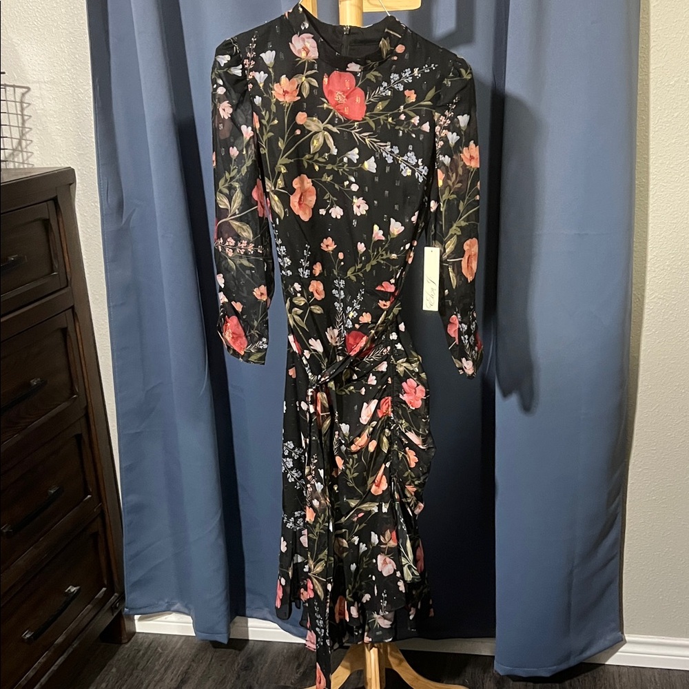 Black Floral Midi Dress with Tie Waist